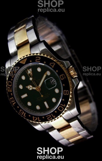 Rolex GMT Master II Swiss Replica Two Tone Gold Watch in Black Ceramic Bezel