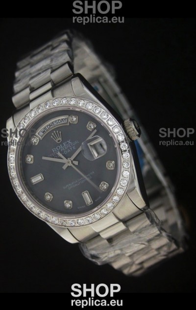 Rolex Day Date Just Japanese Replica Watch in Black Dial 