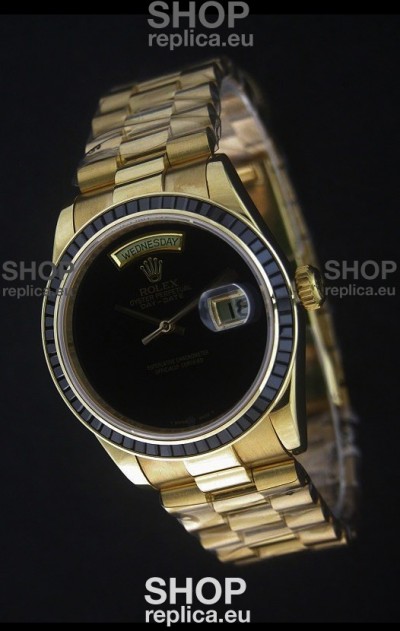 Rolex Day Date Just Japanese Replica Yellow Gold Watch in Black Dial