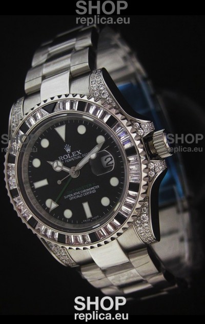 Rolex Pro-Hunter GMT Master II Swiss Replica Steel Watch in Diamond Bezel