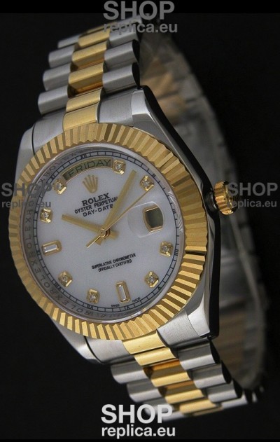 Rolex Day Date Just Japanese Replica Two Tone Gold Watch in Mop White Dial