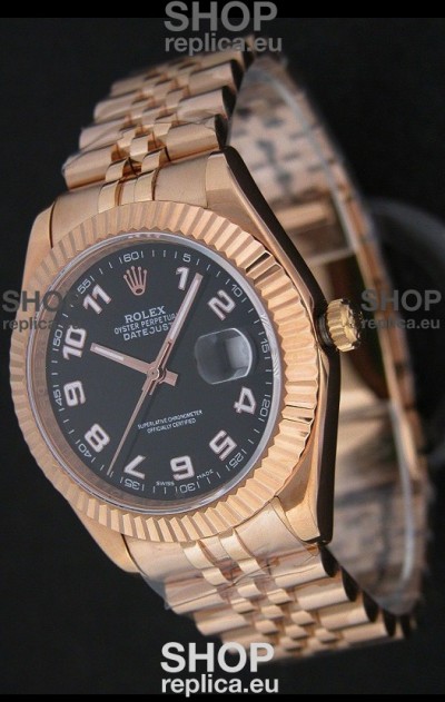 Rolex Datejust Swiss Replica Rose Gold Watch in Black Dial