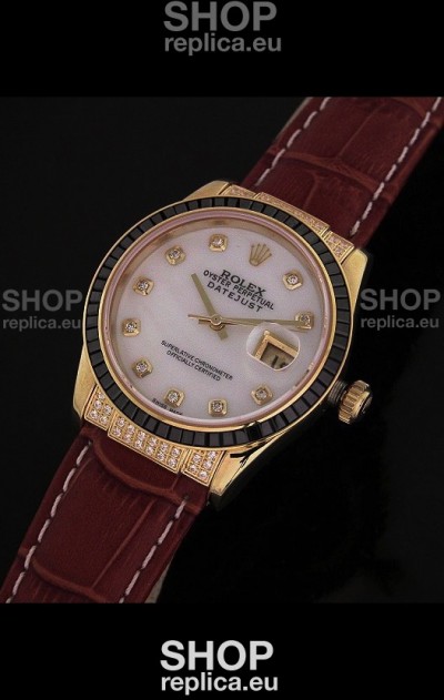 Rolex DateJust Swiss Mens Replica Yellow Gold Watch in Diamond Markers