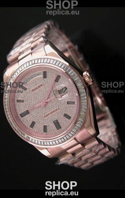 Rolex Day Date Japanese Automatic Rose Gold Watch in Diamond Bezel