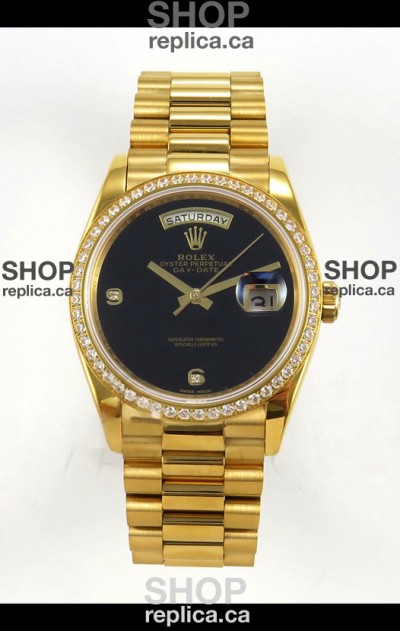 Rolex Day Date Yellow Gold Black Dial Diamonds Bezel 36MM Swiss Replica