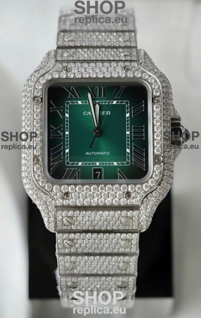 Santos De Cartier Watch in Green Dial MOSSANITES Paved Edition Swiss Replica Watch