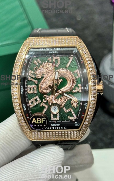 Franck Muller Vanguard Yachting Dragon V45 Green Dial in Gold Diamonds Bezel Swiss Replica