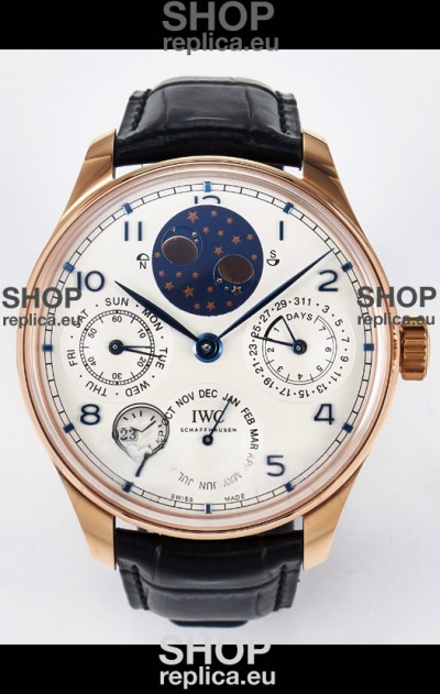 IWC Super Clone Portuguese Perpetual Calendar Rose Gold White Dial Replica Watch 