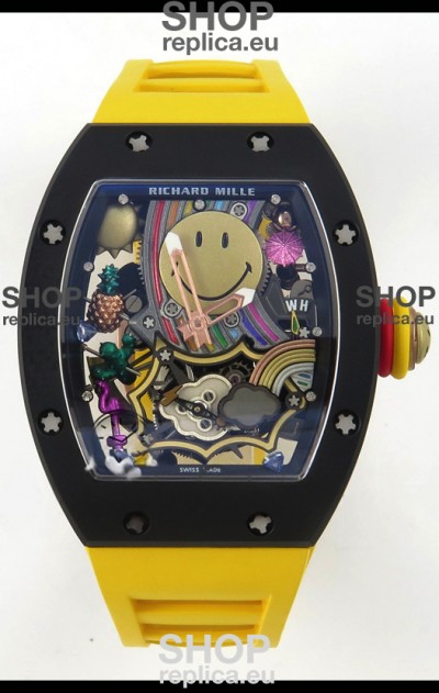 Richard Mille Super Clone RM088 Smiley Tourbillon Black Ceramic Rubber Strap Watch 