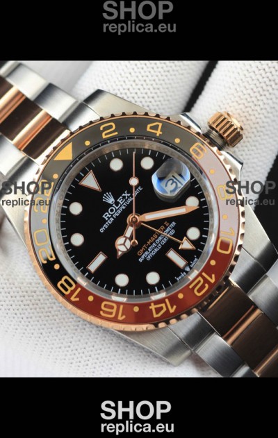 Rolex GMT Masters II 2 Tone Rose Gold Plating Japanese Replica Watch Black Dial