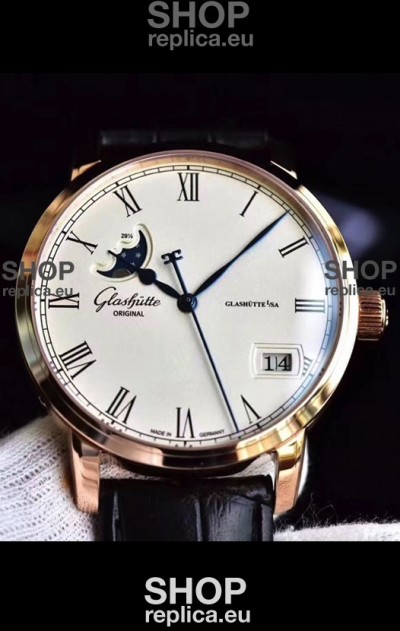 Glashuette Senator Excellence Panorama Date Moon Phase Pink Gold Swiss Watch