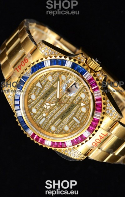 Rolex GMT Masters II Iced out Swiss watch with Yellow Gold 904L Case