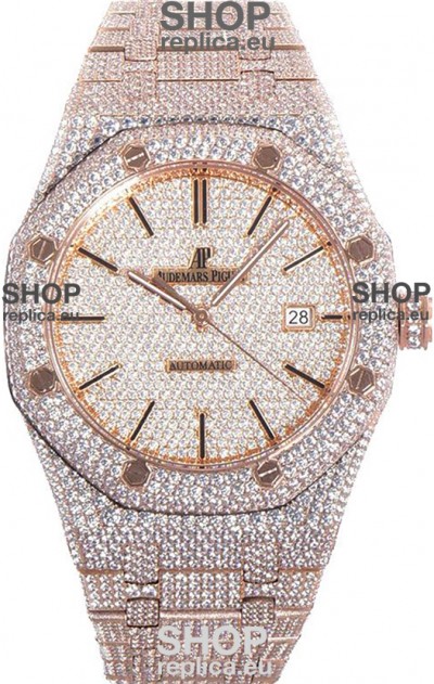 Audemars Piguet Royal Oak 15400 Iced Out Stick Markers Dial in Rose Gold Casing Swiss Replica Watch