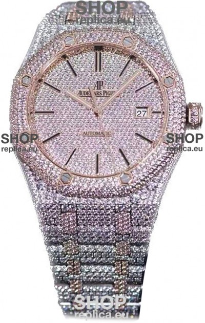 Audemars Piguet Royal Oak 15400 Iced Out Stick Markers Dial in Two Tone Rose Gold Casing Swiss Replica Watch