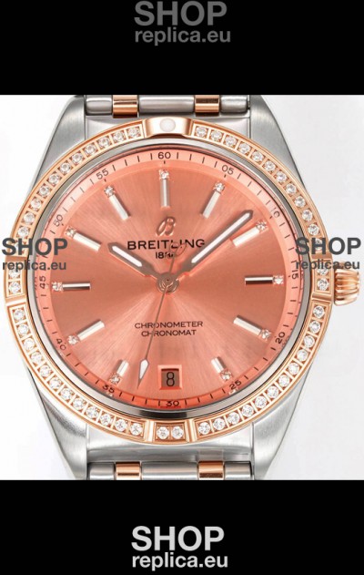 Breitling Chronomat 36MM 2 Tone Rose Gold Casing 1:1 Mirror Replica Watch Salmon Dial
