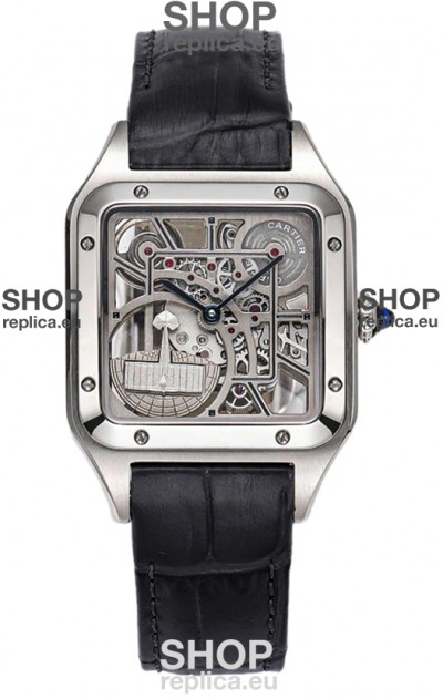 Cartier Santos Dumont Skeleton Stainless Steel Watch in Black Leather Strap 43.5MM