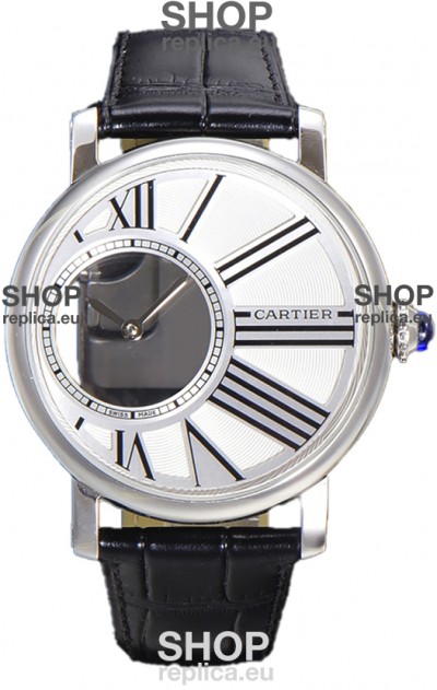 Rotonde De Cartier in Stainless Steel Casing - Leather Strap Swiss Quartz Replica Watch 