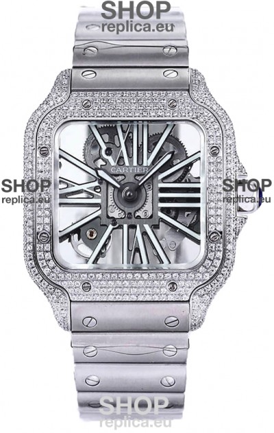 Santos De Cartier Watch in Skeleton Dial - Diamonds Bezel in Steel Casing Swiss Replica