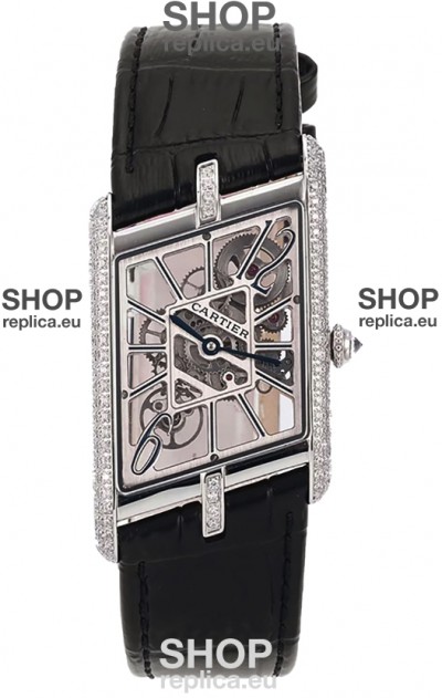 Cartier Tank Asymétrique Stainless Steel Casing Diamonds Bezel Watch in Leather Strap Swiss Replica