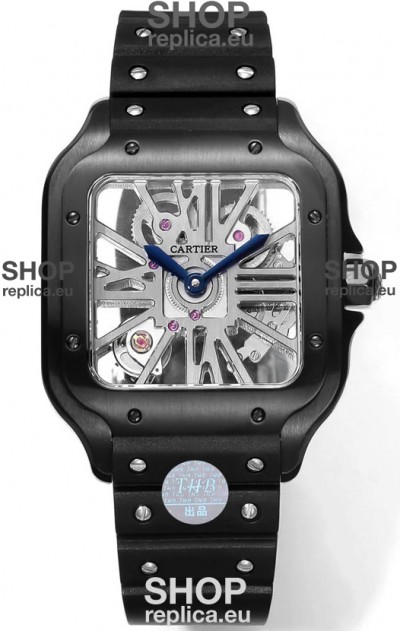 Santos De Cartier Watch in Skeleton Dial - DLC Coated Casing in Rubber Strap