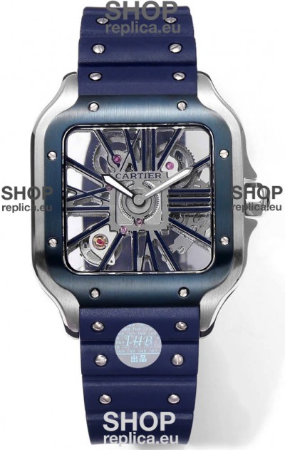 Santos De Cartier Watch in Skeleton Dial - Stainless Steel Casing Rubber Strap