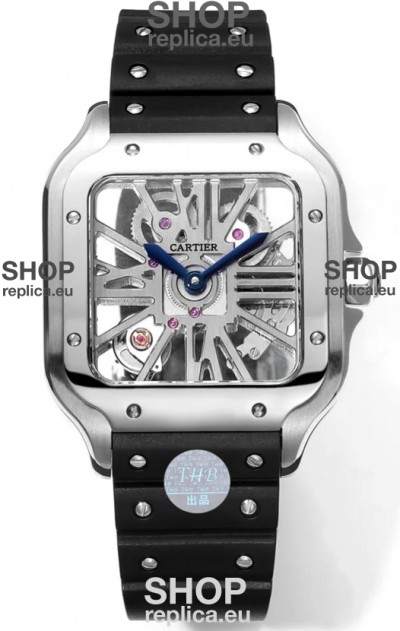 Santos De Cartier Watch in Skeleton Dial - Stainless Steel Casing & Bezel Black Rubber Strap