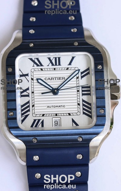 Santos De Cartier 1:1 Blue DLC Bezel Swiss Replica Watch 40MM - Rubber Strap