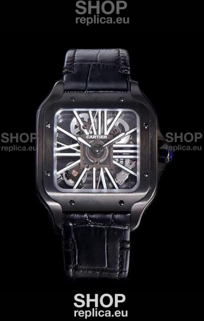 Cartier Santos DUMONT Skeleton Watch in Black DLC Coated Casing Swiss Movement Watch 
