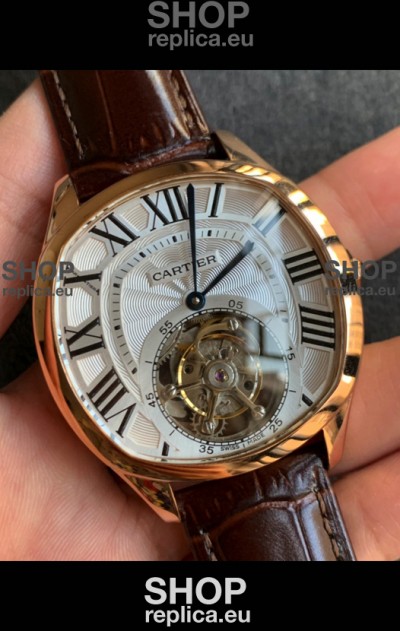 Drive De Cartier Yellow Gold Tourbillon Super clone Replica Watch in White Dial 