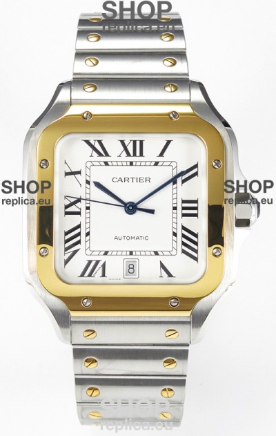 Cartier Santos De Cartier Two Tone 904L Steel White Dial Super Clone Replica 40MM Watch 