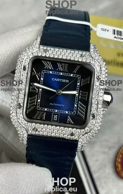 Santos De Cartier Watch in Blue Dial 39.50MM MOSSANITES Paved Bezel Swiss Replica Watch