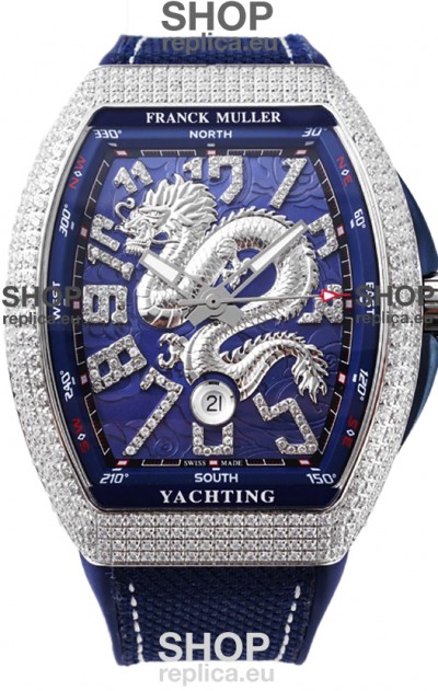 Franck Muller Vanguard Yachting Dragon V45 Blue Dial in Diamonds Bezel Swiss Replica