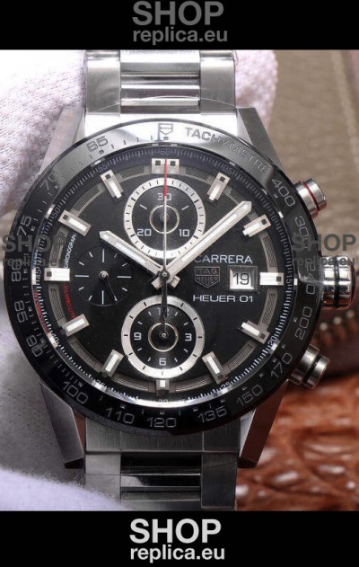 Tag Heuer Carrera Heuer 01 Swiss Replica Watch in Steel Casing Ceramic Bezel 43MM