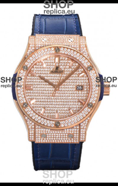 Hublot Classic Fusion Automatic Rose Gold Diamonds Paved Dial Blue Strap 42MM Superclone Replica Watch 
