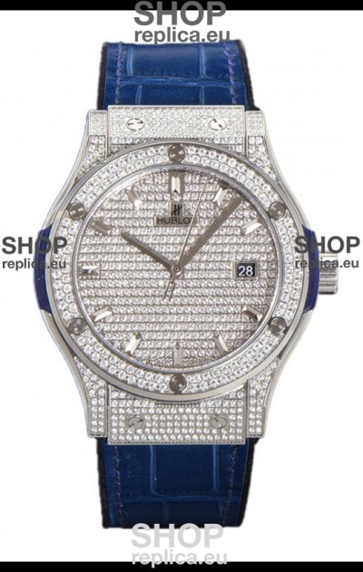 Hublot Classic Fusion Automatic Steel Diamonds Paved Dial Blue Strap 42MM Superclone Replica Watch 