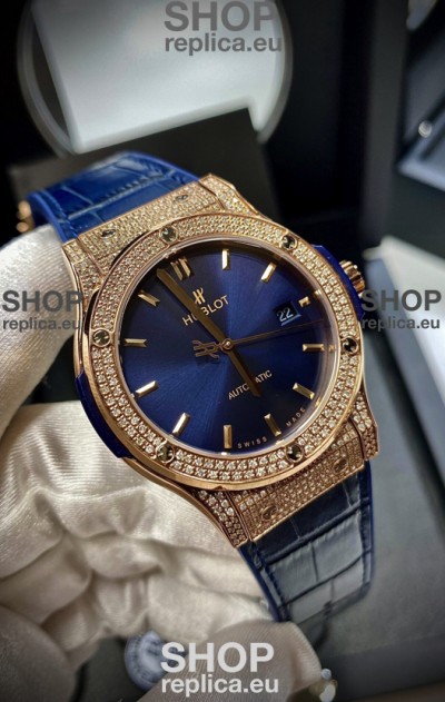 Hublot Classic Fusion Diamonds Rose Gold Steel Blue Dial Swiss Replica Watch 1:1 Mirror Quality