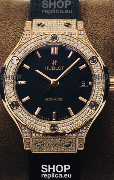 Hublot Classic Fusion Diamonds Rose Gold Black Dial 38MM Swiss Replica Watch 1:1 Mirror Quality