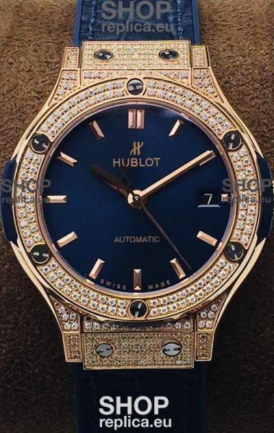Hublot Classic Fusion Diamonds Rose Gold Blue Dial 38MM Swiss Replica Watch 1:1 Mirror Quality