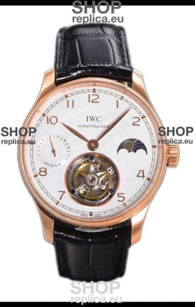 IWC Portugese Hand-Wound Genuine Tourbillon White Dial Rose Gold Casing Swiss Replica Watch 