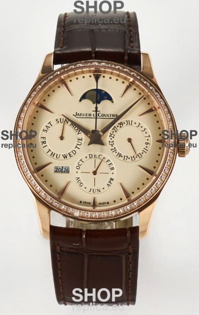 Jaeger LeCoultre Super Clone Master Ultra-Thin Perpetual Calendar Cream Dial Diamonds Bezel Watch