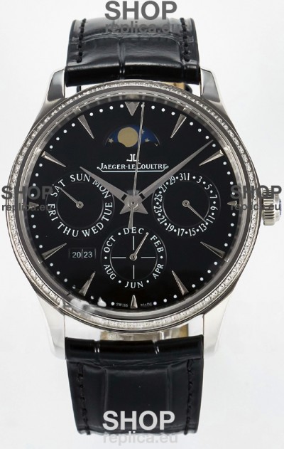 Jaeger LeCoultre Super Clone Master Ultra-Thin Perpetual Calendar Black Dial Diamonds Watch