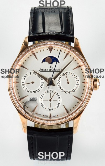Jaeger LeCoultre Super Clone Master Ultra-Thin Perpetual Calendar White Dial Diamonds Bezel Watch