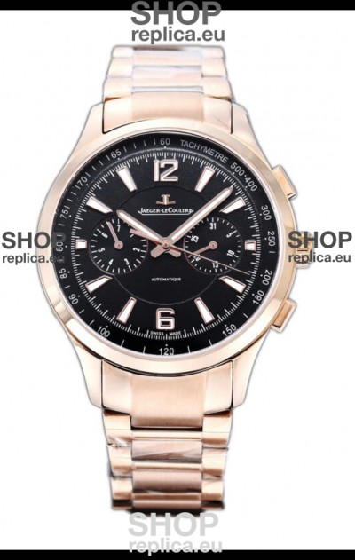 Jaeger LeCoultre Polaris Chronograph Rose Gold Casing Black Dial Swiss Replica Watch 