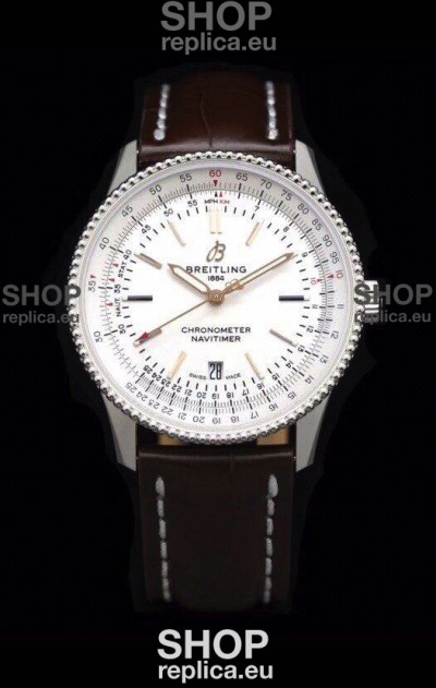 Breitling Navitimer 1 Automatic Swiss Replica Watch in White Dial - Leather Strap
