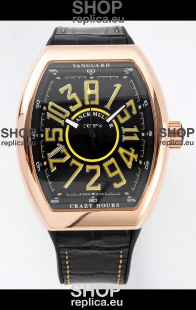 Franck Muller Vanguard Crazy Hours in Rose Gold Plating - Black Dial Swiss Replica Watch 
