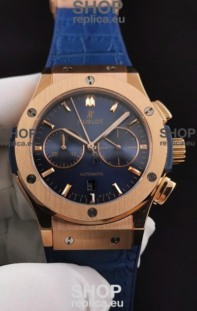 Hublot Classic Fusion Chronograph Rose Gold Casing Blue Dial 1:1 Mirror Replica Watch 