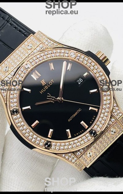 Hublot Classic Fusion Diamonds Rose Gold Black Dial Swiss Replica Watch 1:1 Mirror Quality 