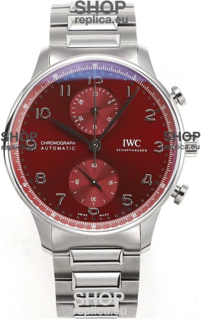 IWC Portuguese Chronograph Swiss Replica Watch in Steel Case Maroon Dial - 1:1 Mirror Replica Edition