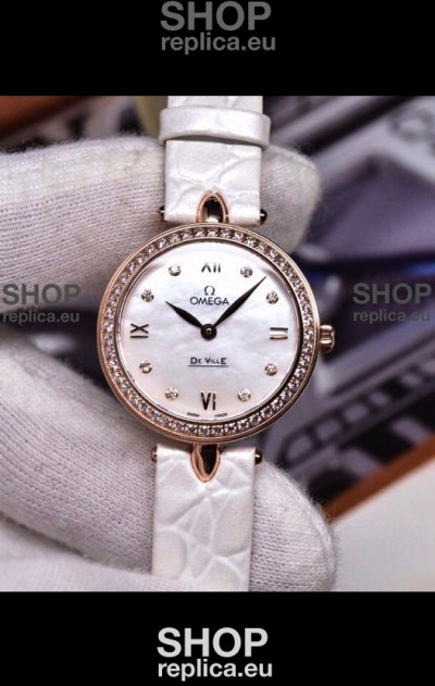 Omega De Ville Prestige Dewdrop Edition Swiss Quartz Watch in Rose Gold White Strap