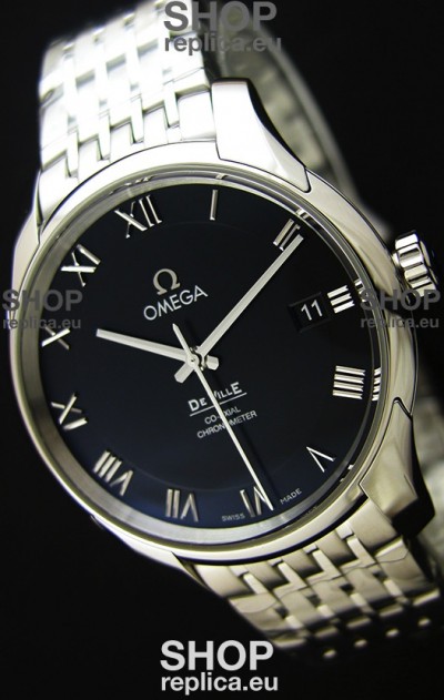 Omega De-Ville Annual Calendar Steel Strap Swiss Replica Watch 1:1 Mirror Edition in Black Dial